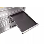 72-Inch 18-Drawer Mobile Workbench, 24-Inch Deep, Solid Wood Top, Stainless Steel Finish