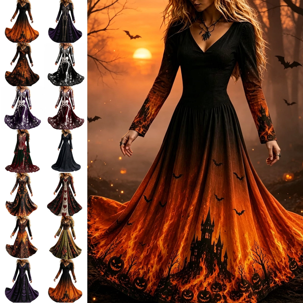 KICILVS Gothic Clothes For Women Black Spiderweb And Spider Print Flowing V Neck Long Maxi Dress Halloween Cosplay Gothic Party Dress