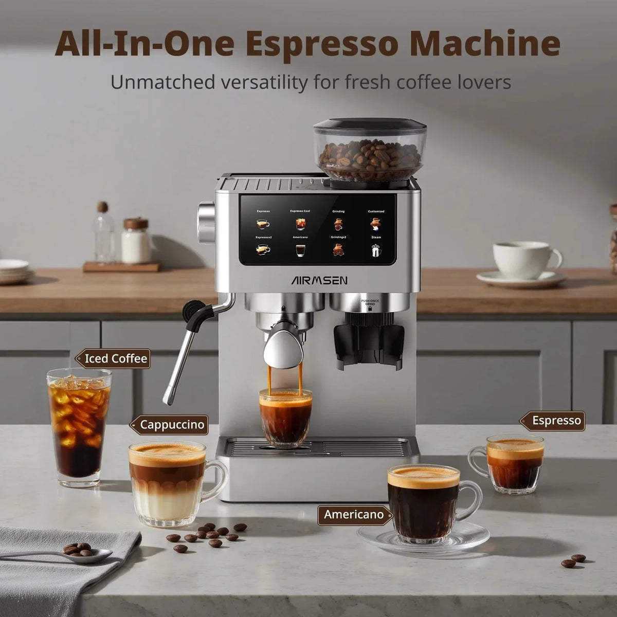 AIRMSEN Espresso Machine With Grinder, 20-Bar, 1350W, 63oz, Brushed Stainless Steel