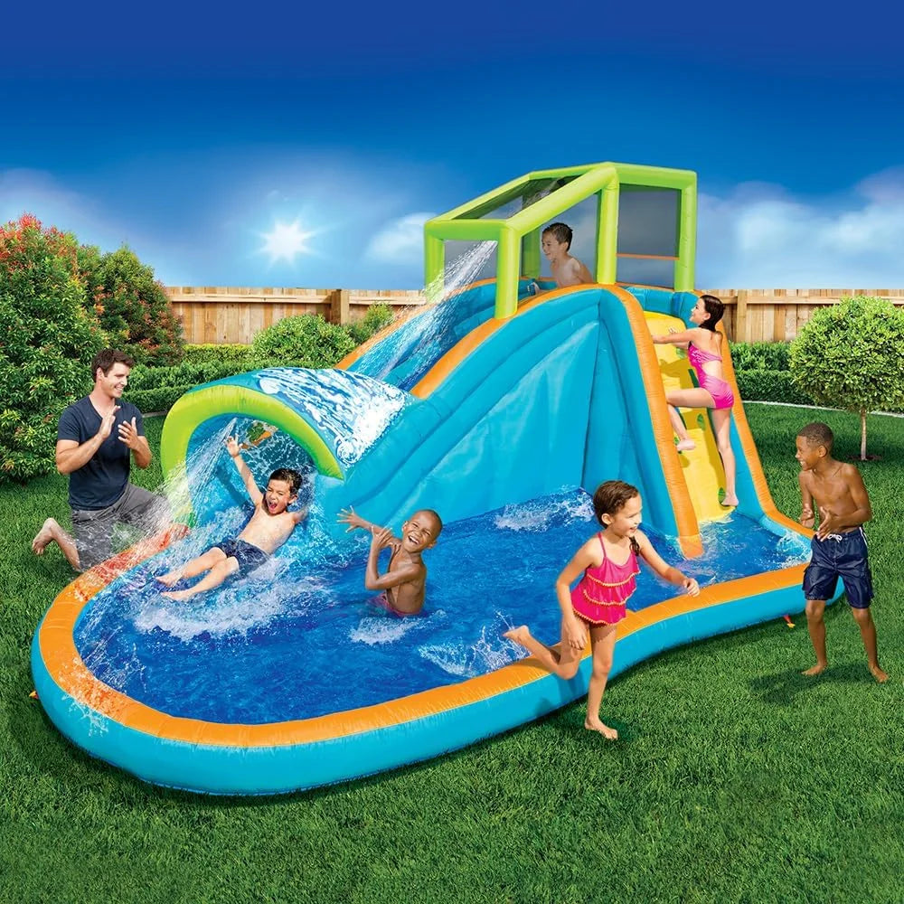Banzai Inflatable Water Slide Kids Pool With Built-In Sprinkler Wave And Water Wall - 14 Feet Long By 8 Feet High