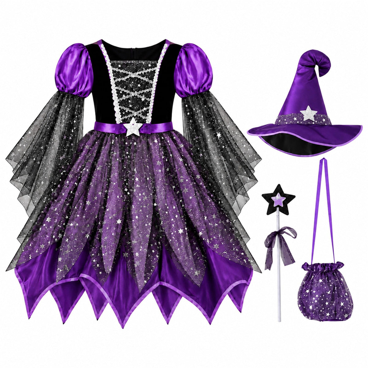 G`irls Purple Themed Dress Set, Kids Halloween Outfit with Witch Hat, Star Wand and Candy Pouch for Party Dress Up