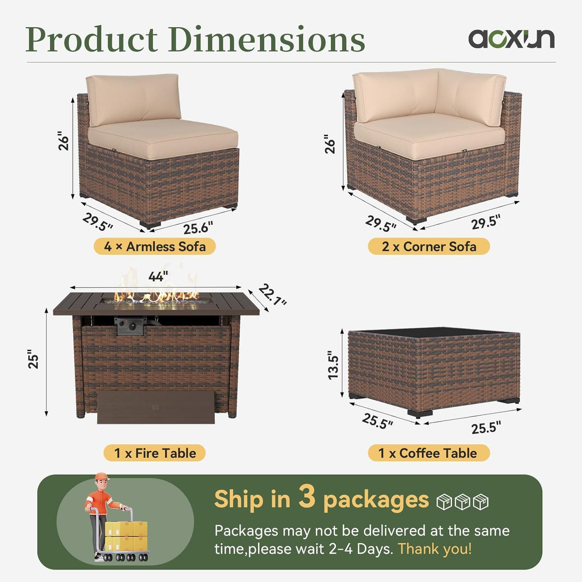 Aoxun 8 Piece Patio Sectional Sofa Set With 44in Fire Pit Table, Coffee Table And Beige Cushions