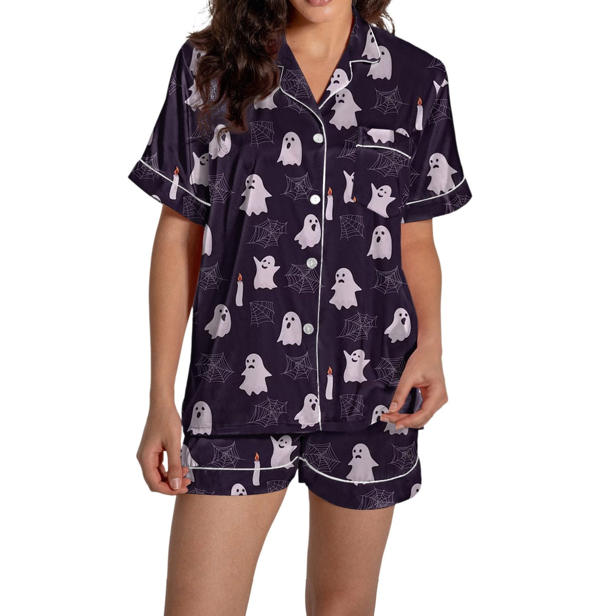 ChenYiFH Halloween Pajama Sets For Women 2 Piece Pumpkin Print Shirts And Pajamas Shorts Button Down Short Sleeve Sleepwear Black S