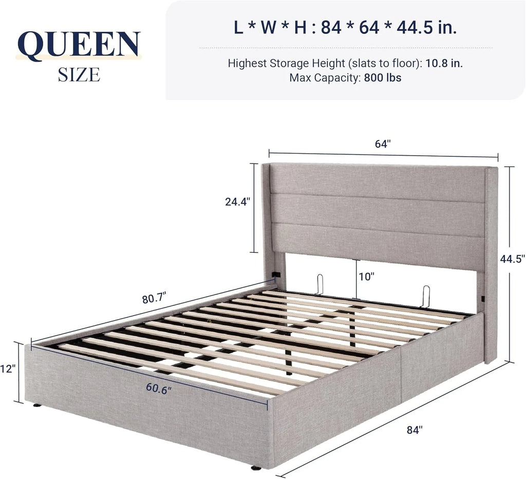Allewie Queen Lift Up Storage Bed Frame With Wingback Headboard, Light Beige - 80.7 x 60.6 x 44.5 in