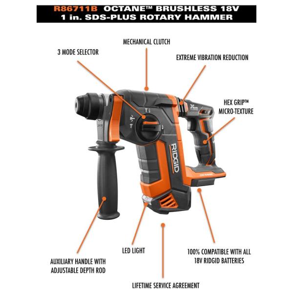RIDGID 18-Volt OCTANE Cordless Brushless 1 in SDS-Plus Rotary Hammer - R86711B