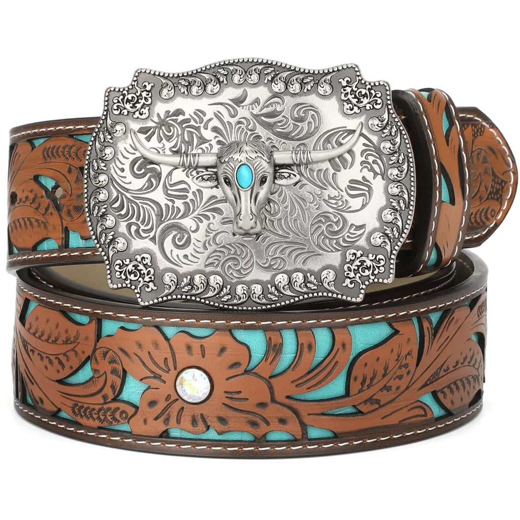 WHIPPY Western Genuine Leather Belt for Women Men Ladies Vintage Engraved Belt Cowboy Cowgirl Belt