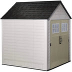 Rubbermaid Resin Outdoor Garden Storage Shed With Windows And Utility Hooks, Sand - 7x7 Ft