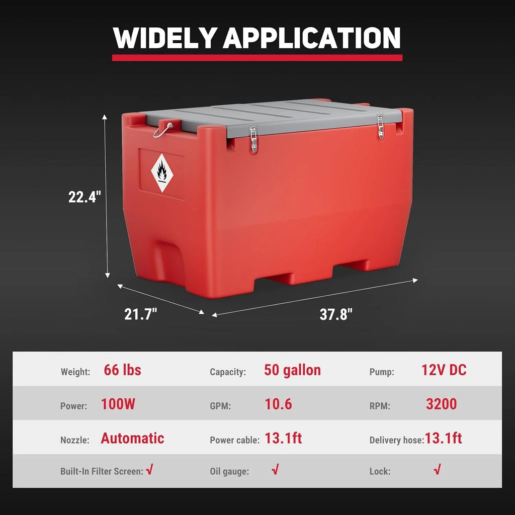 Fuel Transfer Tank, 50 Gallon, 12V DC 10.6 GPM Pump, Red