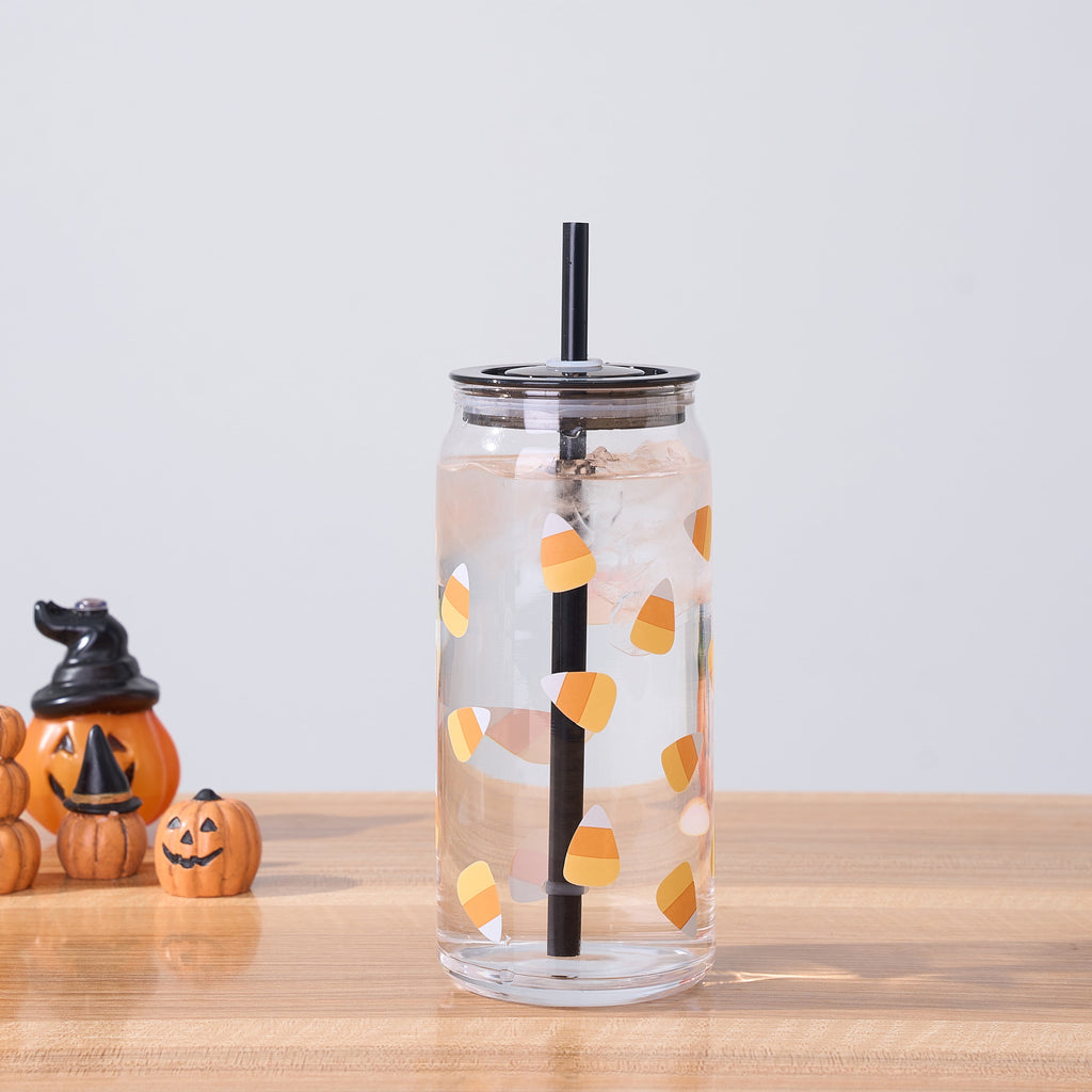 Way to Celebrate Halloween Candy Corn Glass Can Sipper Tumblers, 20 oz, 2-Pack