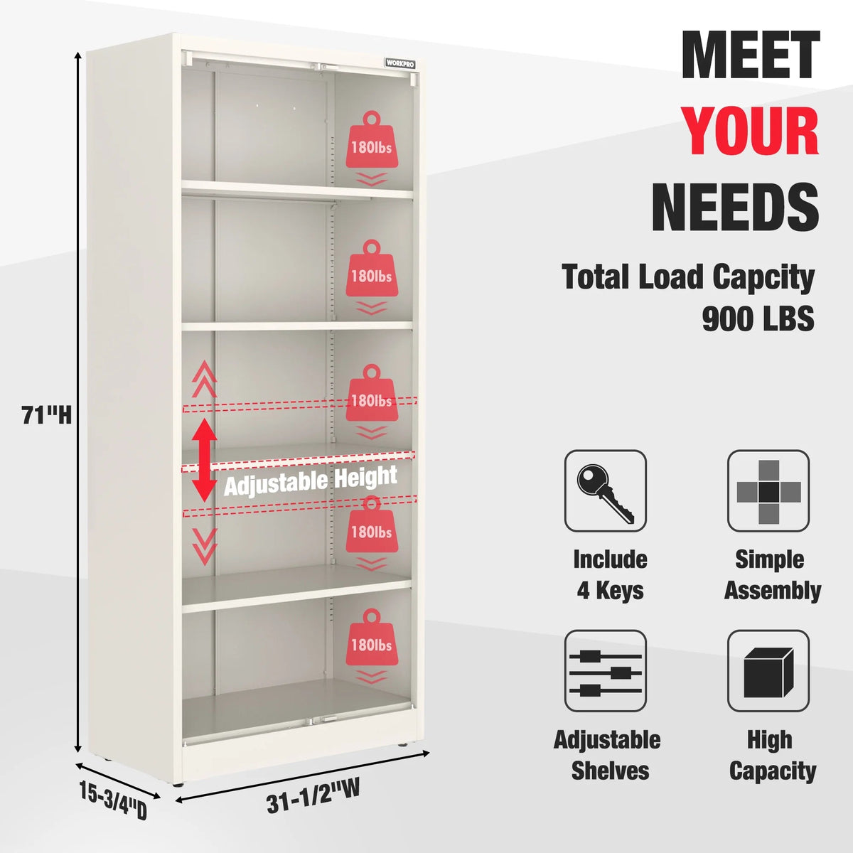 WORKPRO Metal Storage Cabinet With Locking Doors, Adjustable Shelves, Black, 71 Inches Tall - 31-1/2 x 15-3/4 Inch
