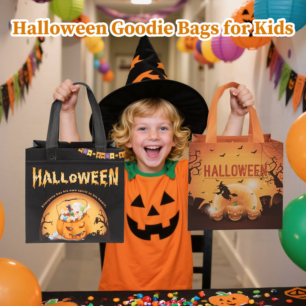 HiberyHom 12 Pcs Halloween Trick or Treat Bags with Handles, Gift Bags & Party Favor Bags for Kids, 8.27 x 5.91 x 7.87 inches