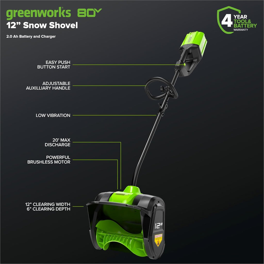 Greenworks 80V 12 inch Brushless Cordless Snow Shovel With 2.0Ah Battery And Charger