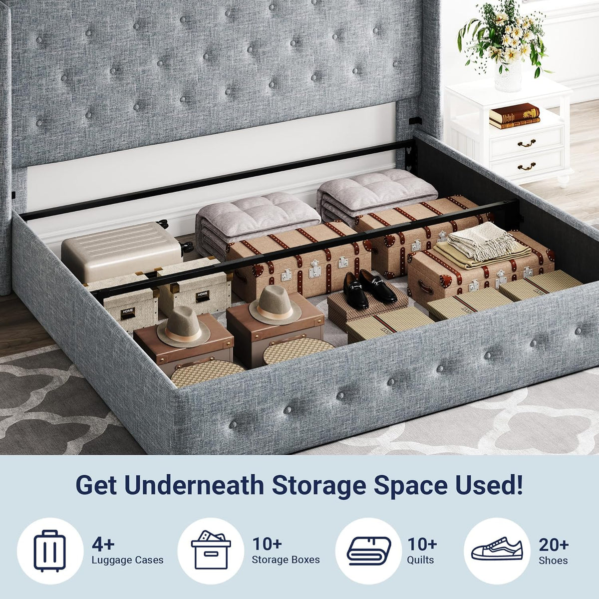 Allewie Queen Lift Up Storage Bed Frame With Wingback Headboard, Light Beige - 80.7 x 60.6 x 44.5 in