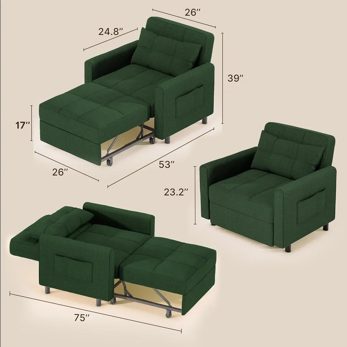 3-in-1 Convertible Pullout Sleeper Chair Bed - 75in x 26in x 17in
