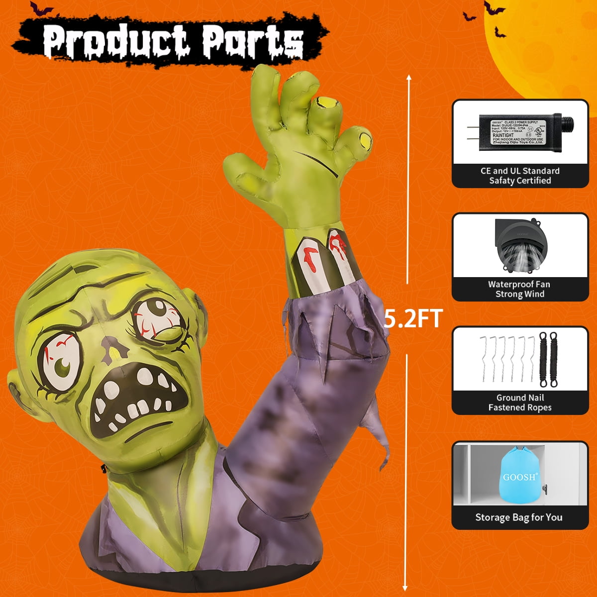 GOOSH Halloween Inflatable 5 FT Zombie Inflatable Shaking Hands, Zombie Inflatable Halloween Decorations Scary Halloween Blow Ups with LED Lights, Halloween Inflatables for Holiday/Party