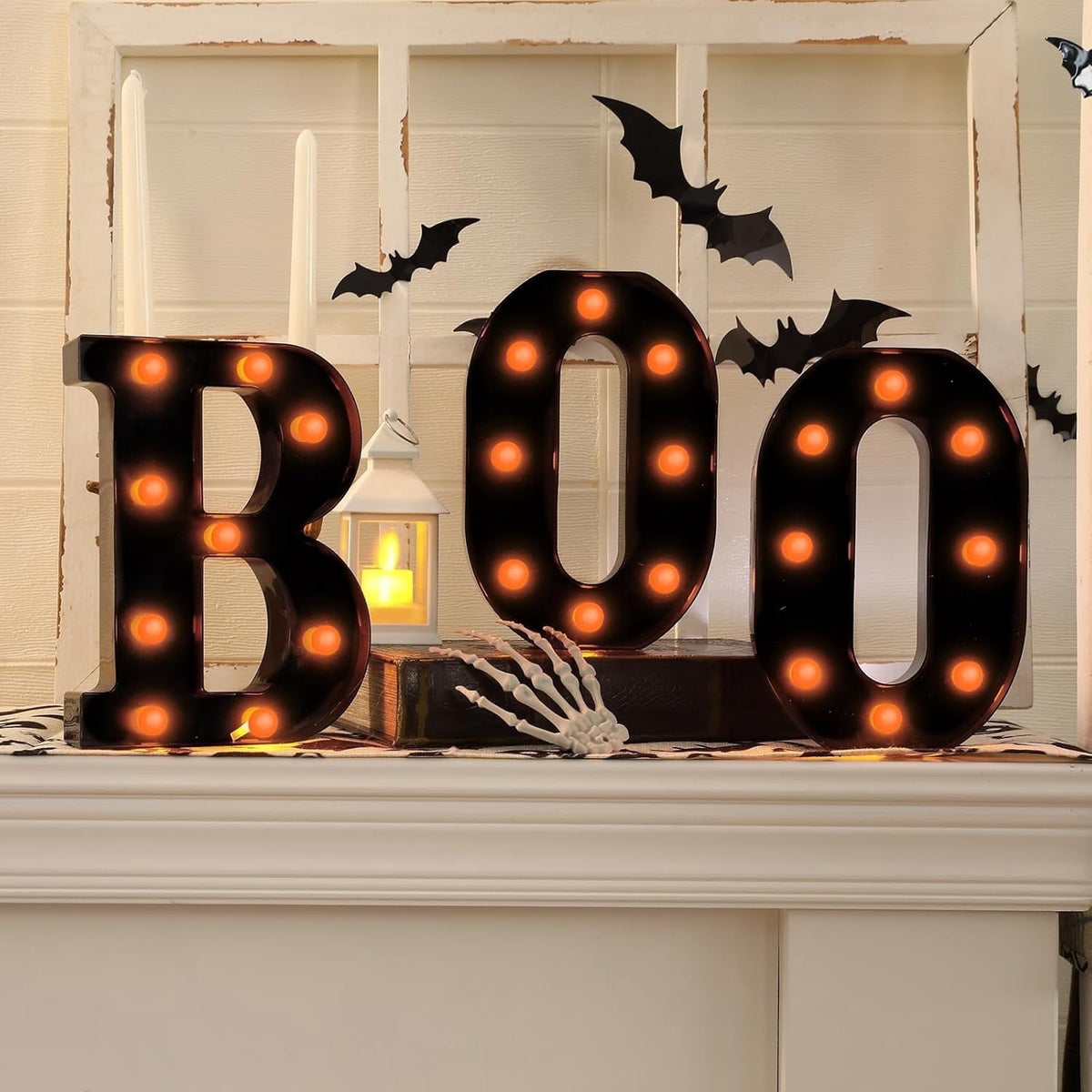 TETOU Halloween Decorations Indoor,"BOO" Sign 3 LED Light up Letters for Home Fireplace Room Desk Mantel Table Vintage Gothic Party Halloween Indoor Decor