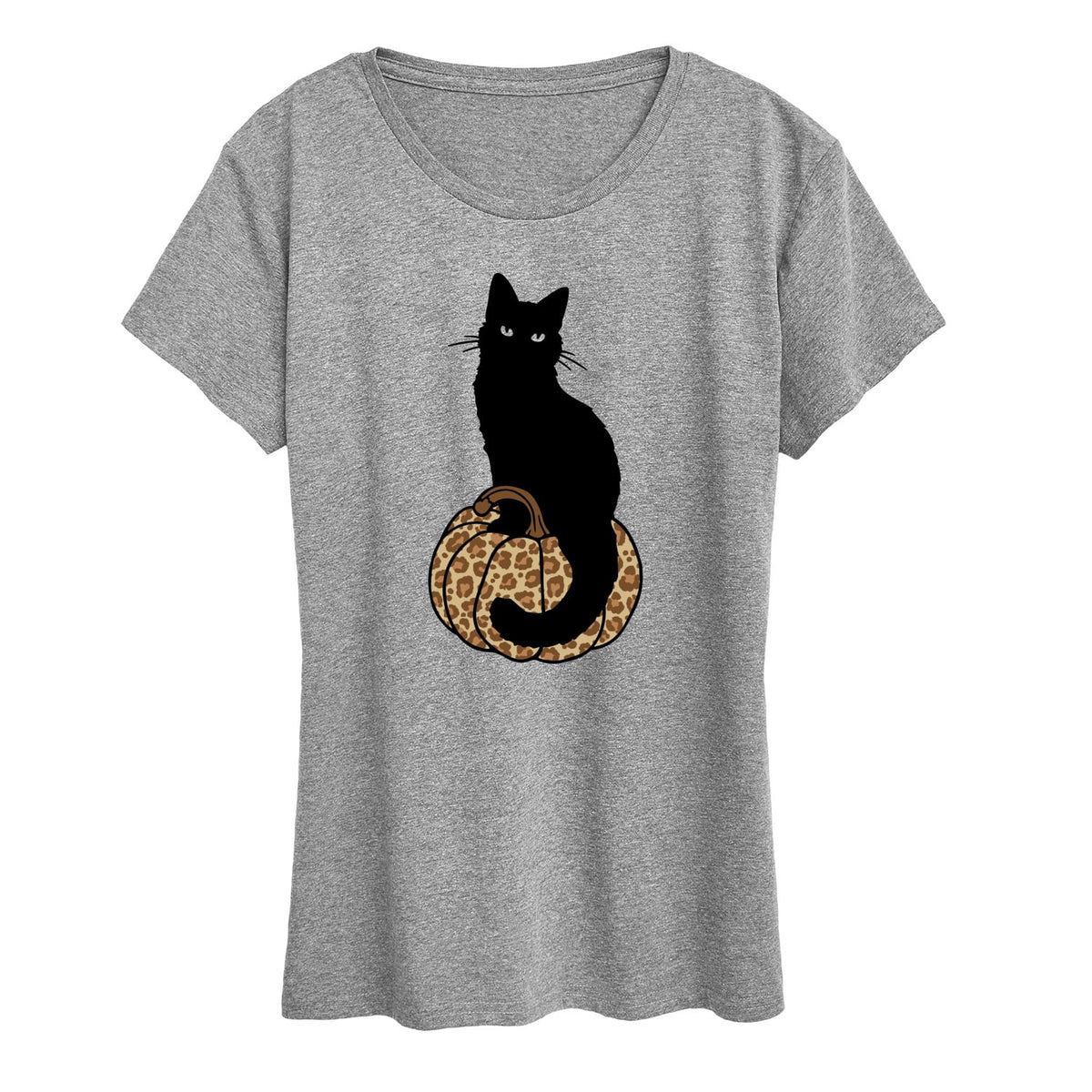 Instant Message - Black Cat On Leopard Pumpkin Women's Short Sleeve Graphic T-Shirt