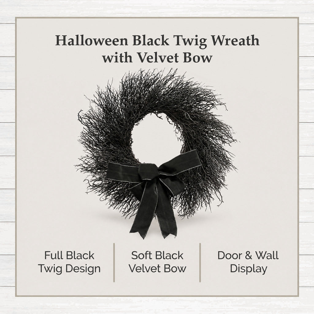 My Texas House Halloween Black Twig Wreath with Bow, 24"