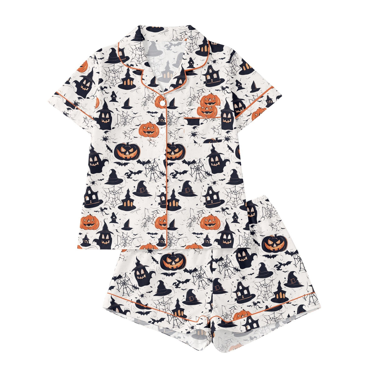 CUZIBR Girls Halloween Pajamas Sets Soft Comfortable Ghost Pumpkin Lapel Button Short Sleeve Shirt Elastic Waist Shorts 2 Pieces Sleep Loungewear Relaxed Sleepwear Outfits, Orange-C