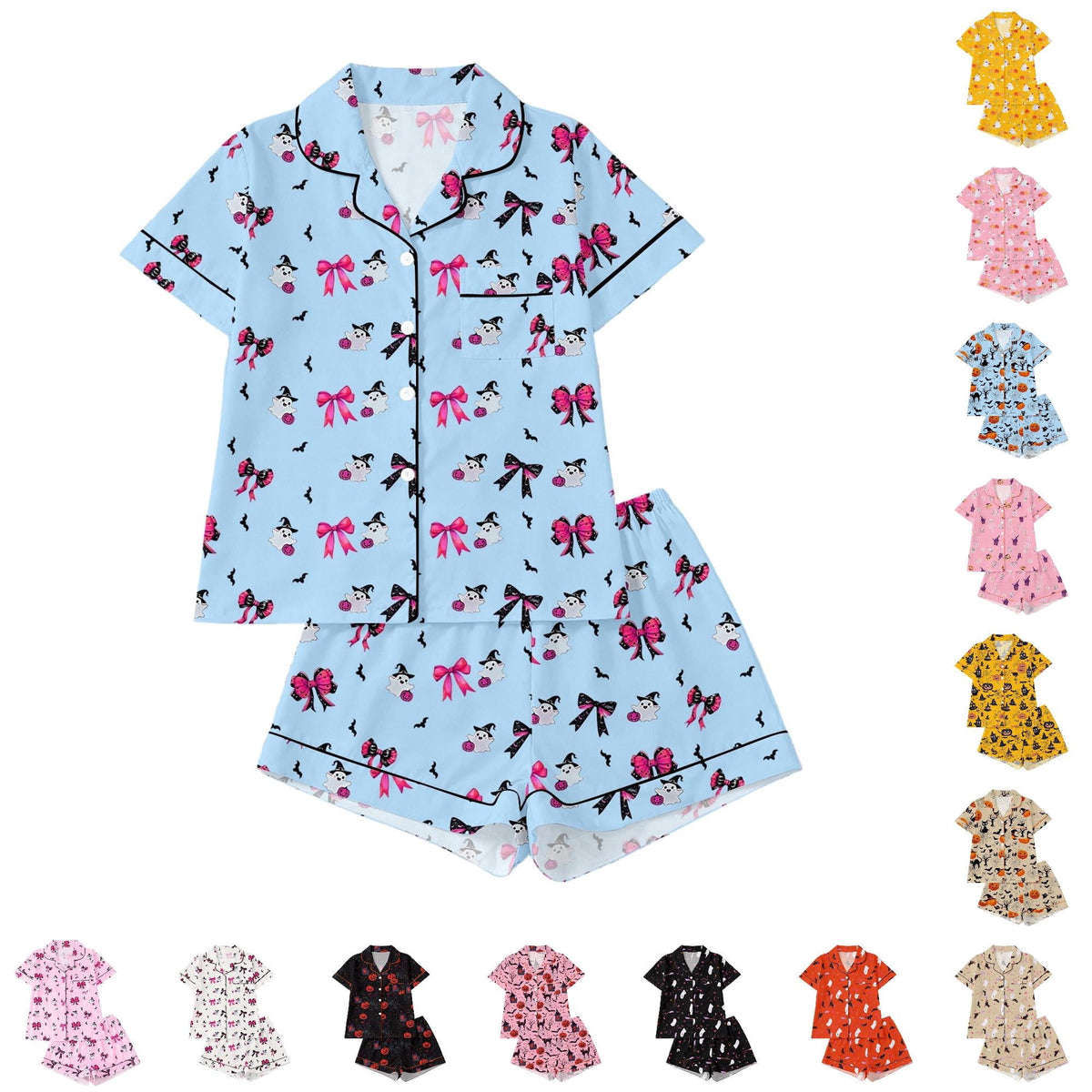 CUZIBR Girls Halloween Pajamas Sets Soft Comfortable Ghost Pumpkin Lapel Button Short Sleeve Shirt Elastic Waist Shorts 2 Pieces Sleep Loungewear Relaxed Sleepwear Outfits, Orange-C
