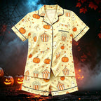 CUZIBR Girls Halloween Pajamas Sets Soft Comfortable Ghost Pumpkin Lapel Button Short Sleeve Shirt Elastic Waist Shorts 2 Pieces Sleep Loungewear Relaxed Sleepwear Outfits, Orange-C