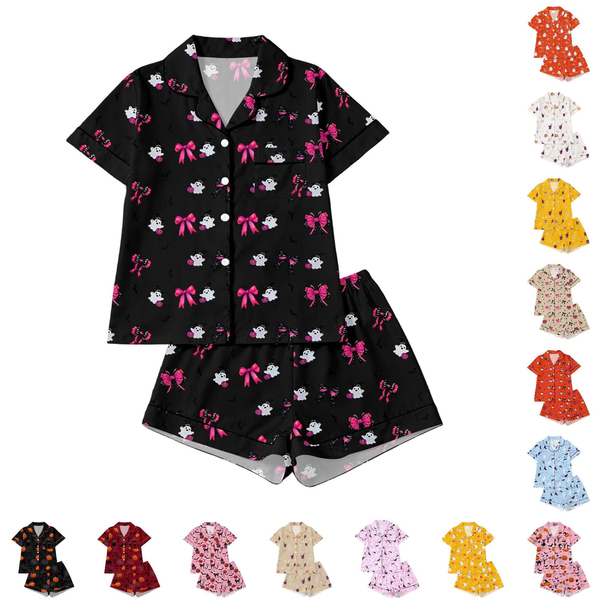 CUZIBR Girls Halloween Pajamas Sets Soft Comfortable Ghost Pumpkin Lapel Button Short Sleeve Shirt Elastic Waist Shorts 2 Pieces Sleep Loungewear Relaxed Sleepwear Outfits, Orange-C