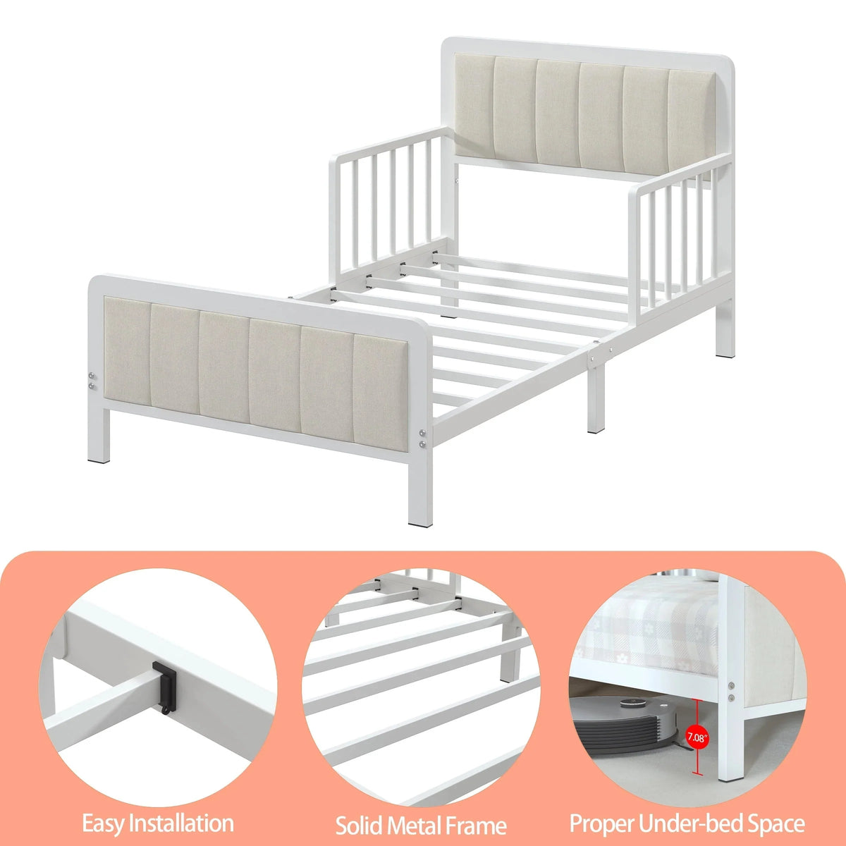 Yoneston Toddler Metal Platform Bed Frame With Guardrails And Upholstered Headboard - White