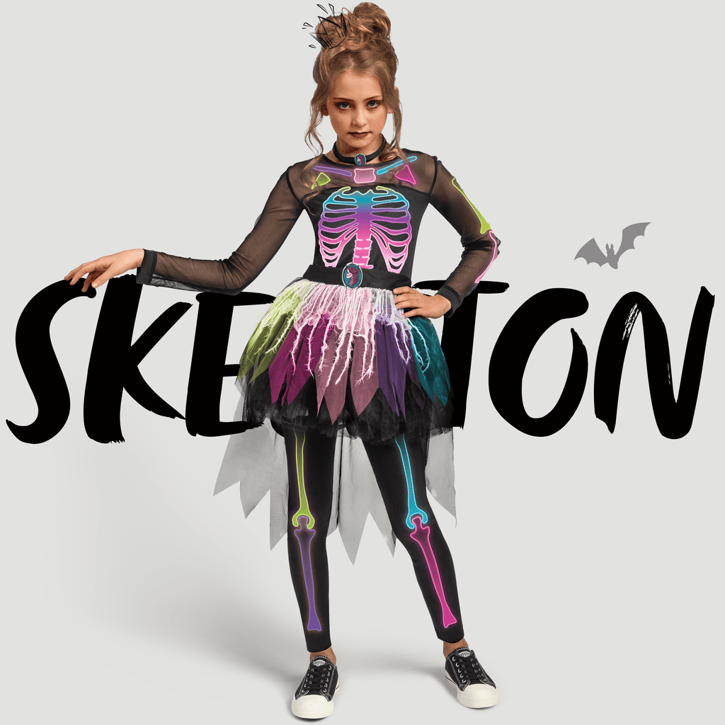 Joyfy Skeleton Tutu Dress for Girls, Skeleton Costume for Kids Halloween Dress Up Party Role Playing Cosplay