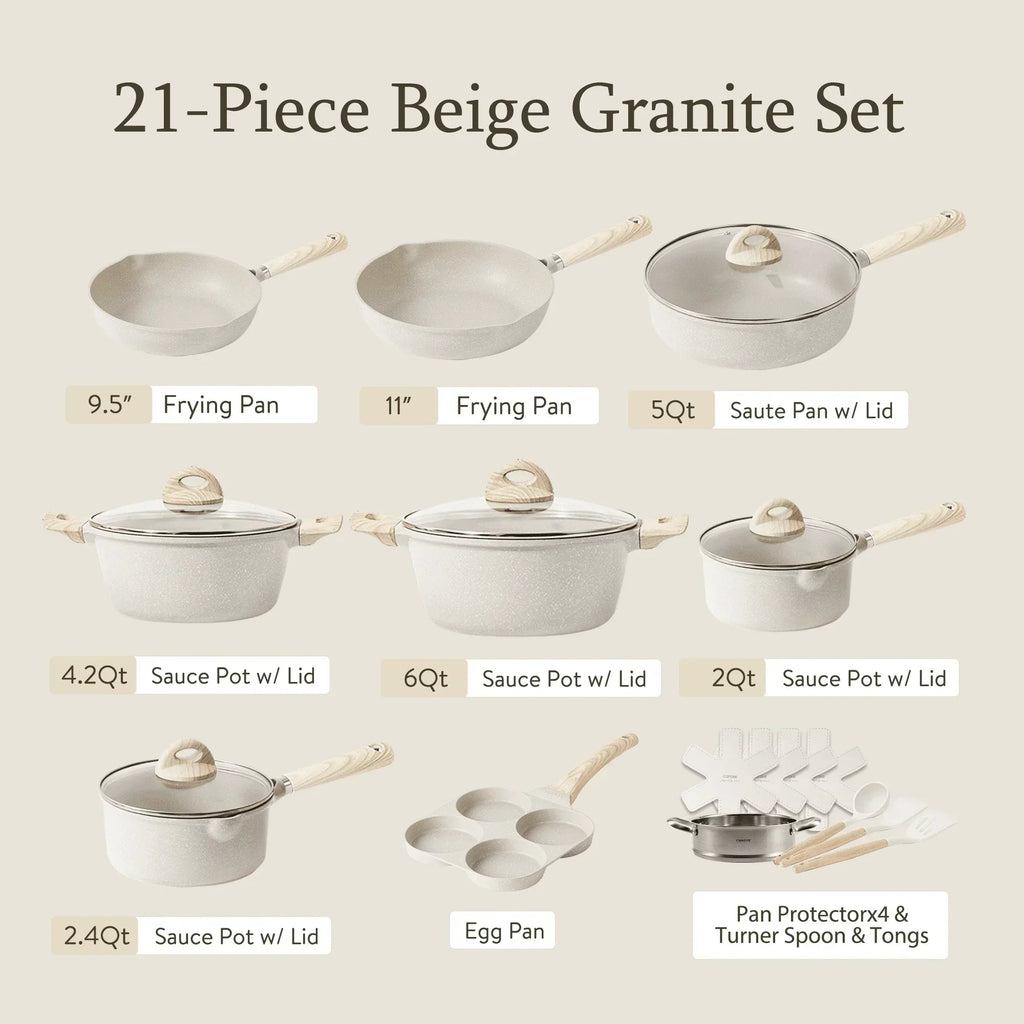 Nonstick Granite Kitchen Cookware Set, 21-Piece, Beige, Induction