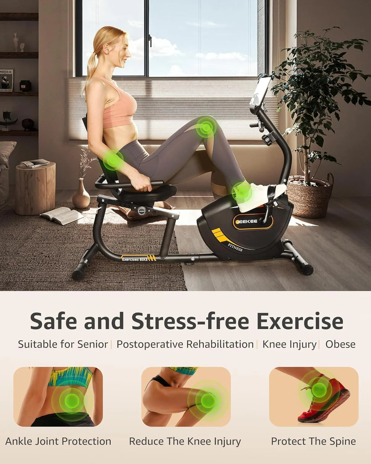 JEEKEE Recumbent Exercise Bike - 8-Level Magnetic Resistance, Black