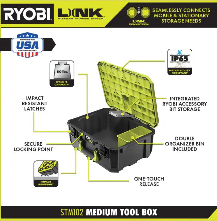 RYOBI LINK Modular Tool Storage Set, Rolling, Medium And Standard Tool Boxes, Green - STM201 STM102 STM101