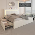 Full Upholstered Platform Bed Frame With 4 Storage Drawers, LED Lights, Adjustable Headboard And Charging Station - White