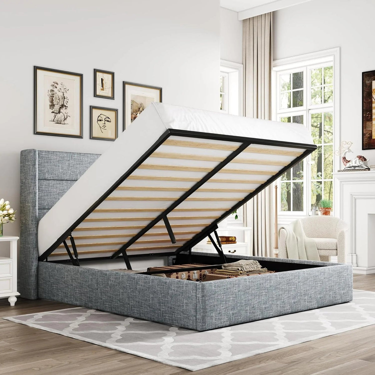 Allewie Queen Lift Up Storage Bed Frame With Wingback Headboard, Light Beige - 80.7 x 60.6 x 44.5 in