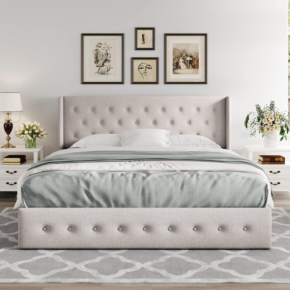 Allewie Queen Lift Up Storage Bed Frame With Wingback Headboard, Light Beige - 80.7 x 60.6 x 44.5 in