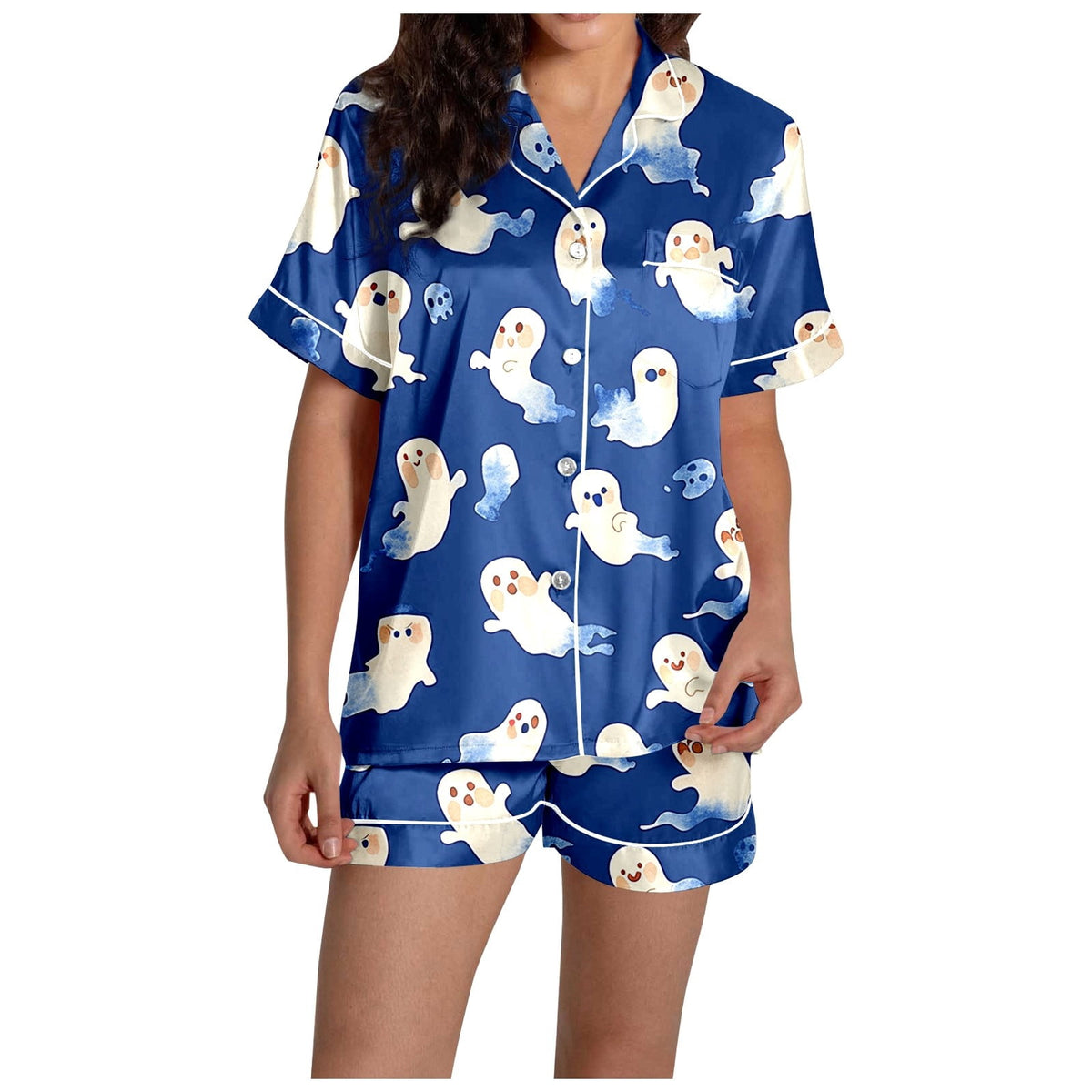 MEZZALL Women Halloween Printed Pajama With Lapel Collar Short Sleeve Tops And Shorts For Home Wear Cozy For Lightweight And Breathable Comfort Relaxed Fit 2 Piece Pjs