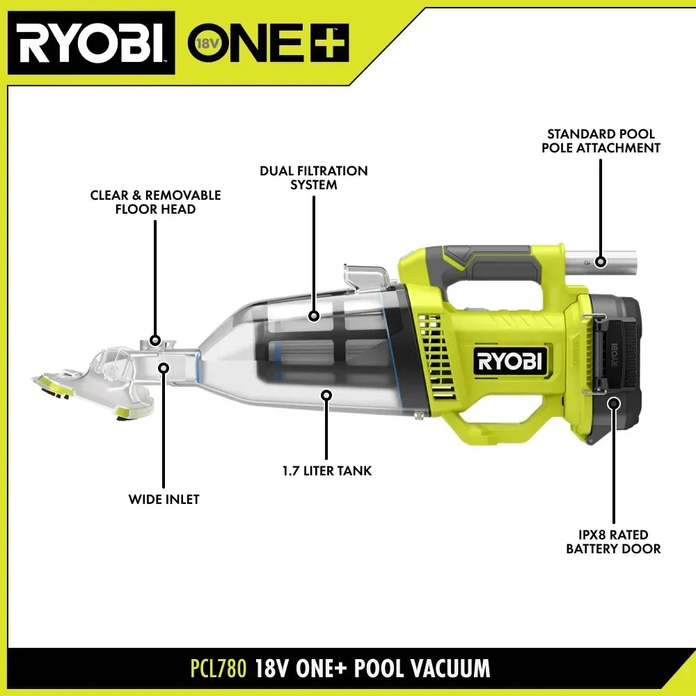 RYOBI 18V ONE+ Handheld Cordless Pool Vacuum Cleaner (Tool Only) with Floor Head