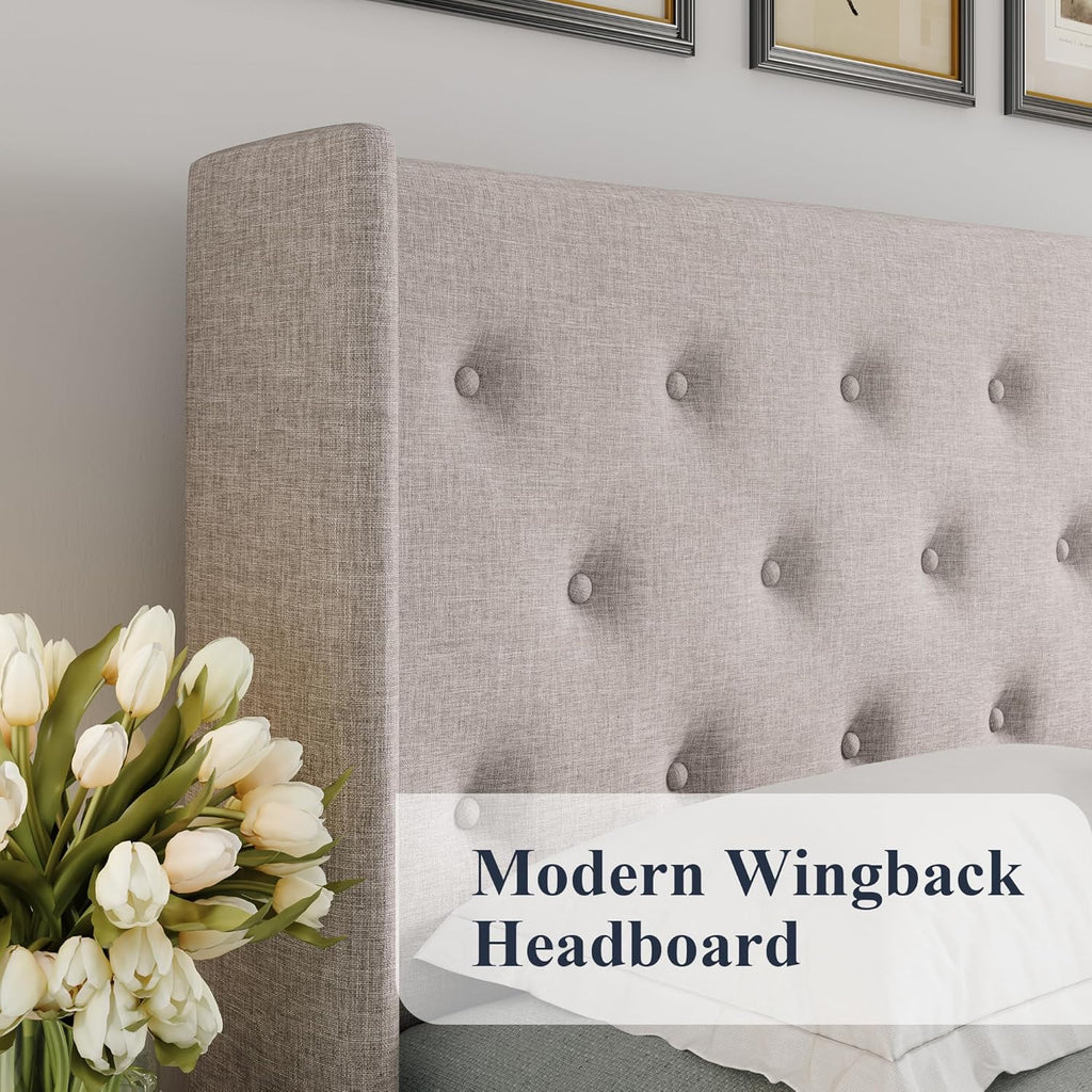 Allewie Queen Lift Up Storage Bed Frame With Wingback Headboard, Light Beige - 80.7 x 60.6 x 44.5 in
