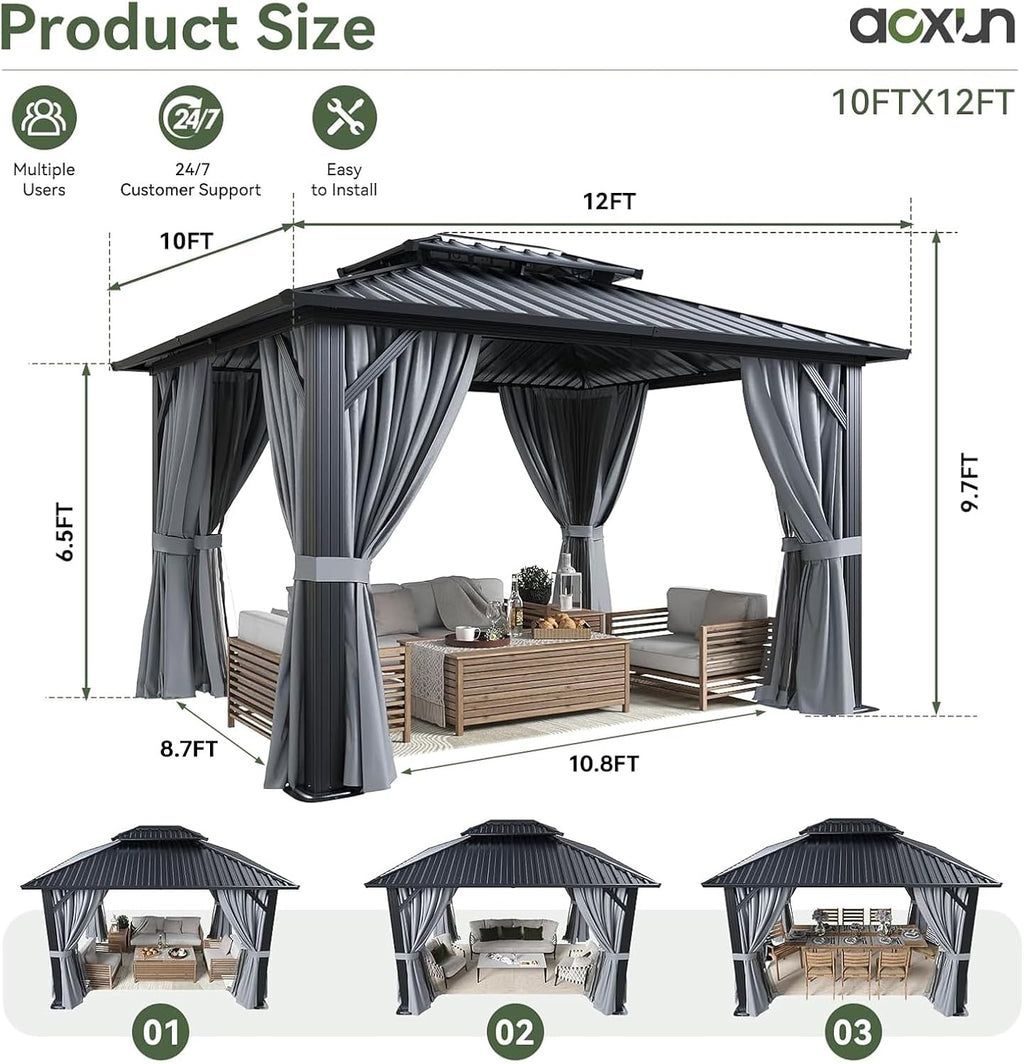 Aoxun 10x12 Hardtop Gazebo With Double Galvanized Steel Roof, Gray
