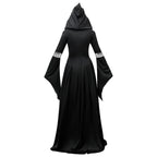 Dark Mage Hooded Robe for Women Halloween Witch Costume with Flared Sleeves & Fitted Bodice