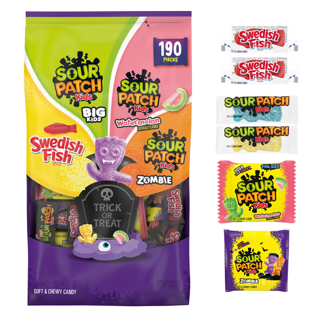 SOUR PATCH KIDS and SWEDISH FISH Soft & Chewy Gummy Halloween Candy Variety Pack, Bulk Candy, 190 count