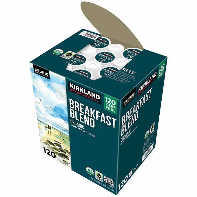 Kirkland Signature Organic Breakfast Blend Coffee K-Cup Pods, Light Roast, 120-Count, Arabica