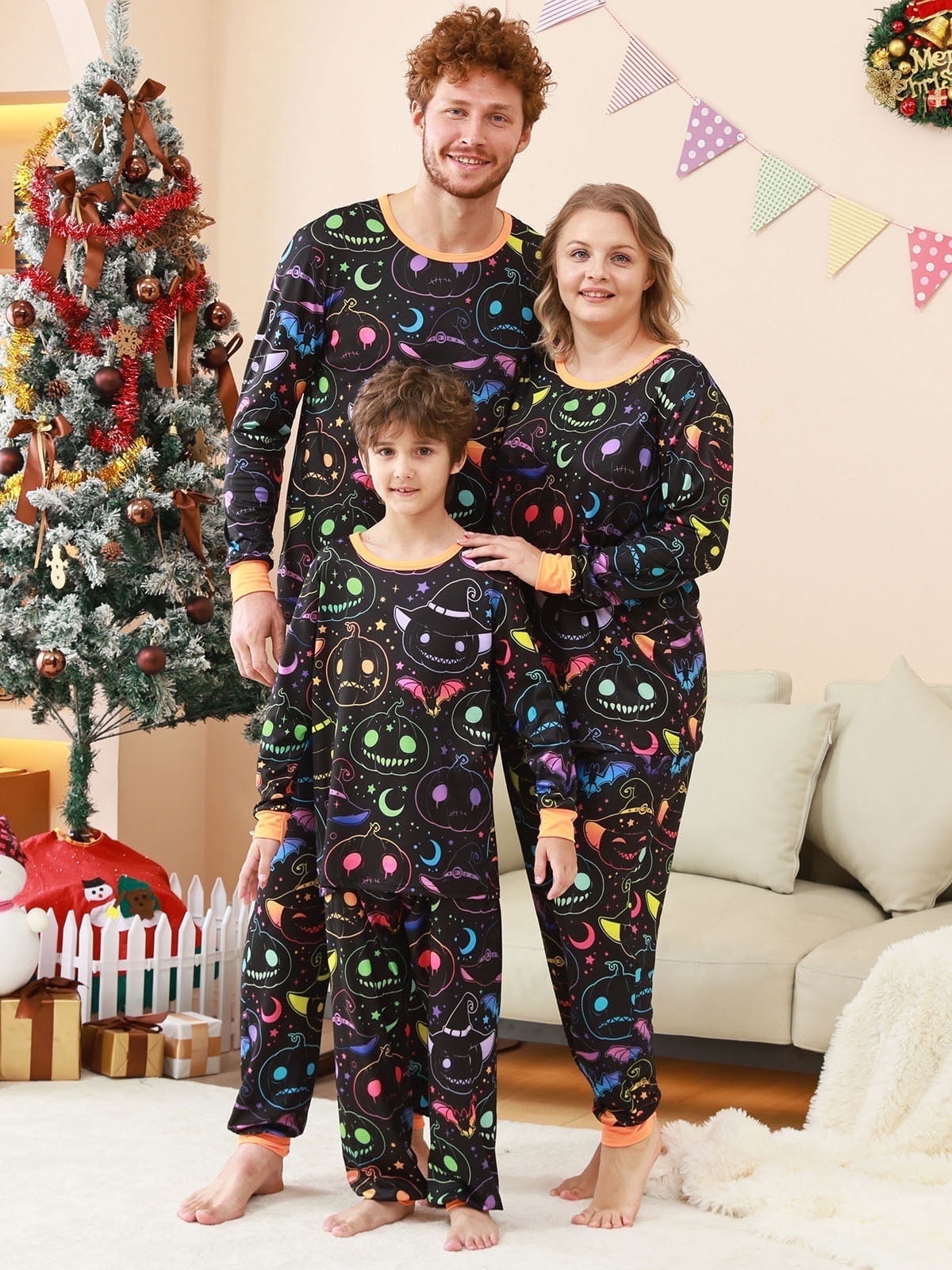 DAKIMOE Halloween Pajamas Family Matching Set Holiday Print Long Sleeve Jammies Loungewear PJs Set Sleepwear Adult Kids Men Women Toddler