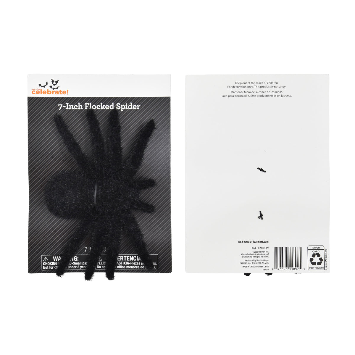 Flocked Spider Decoration, Black, 7", Halloween by Way To Celebrate