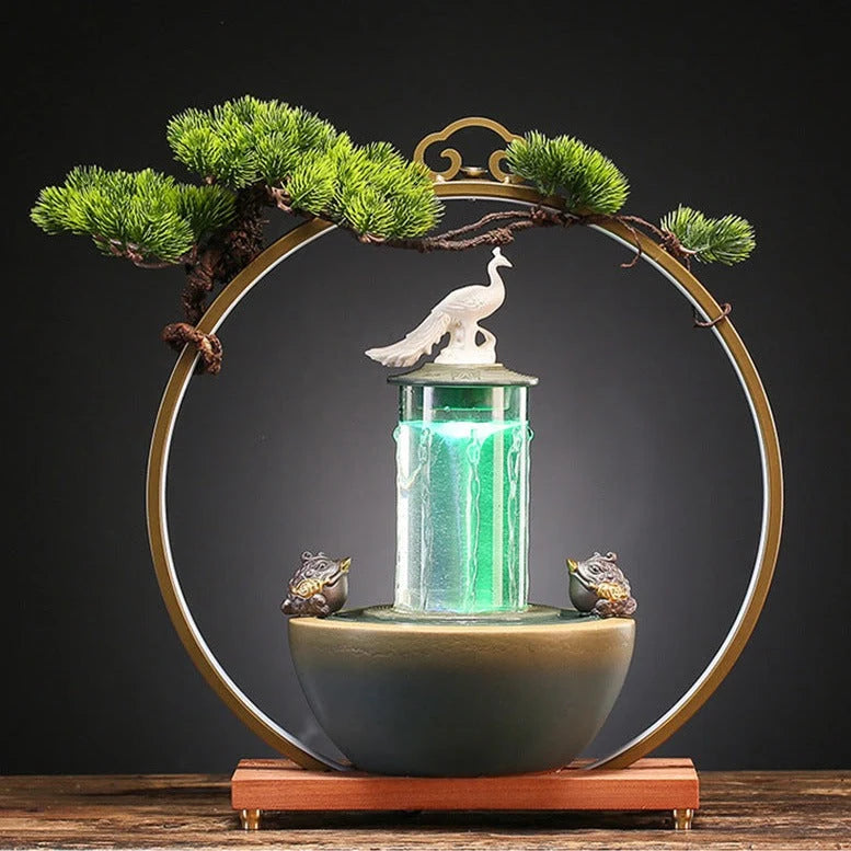 Lucky Pheasant Round LED Incense Burner With Flowing Water Fountain - 20.5in x 19.7in x 5.9in