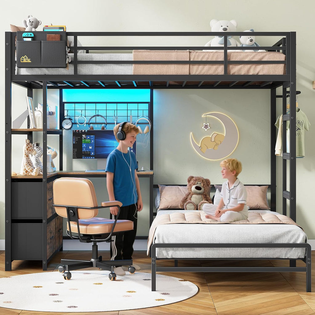 DICTAC Twin XL Over Twin Metal Bunk Bed With L-Shaped Desk, 5 Drawers, 2 Shelves, LED Lights And Charging Station - Black