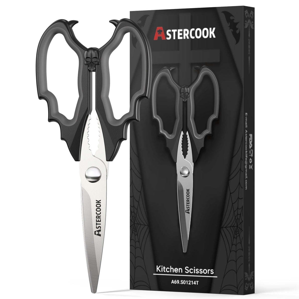 Astercook Halloween Kitchen Scissors, Gothic Skull Heavy Duty Shears for Cooking, Poultry, Herbs – Spooky Pumpkin Design, Dishwasher Safe