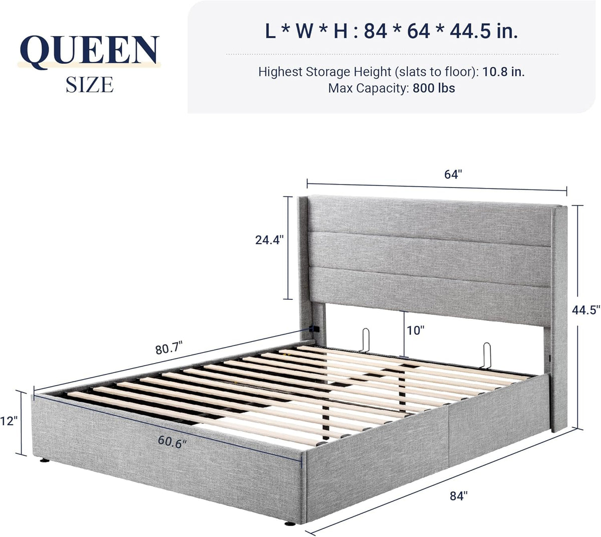 Allewie Queen Lift Up Storage Bed Frame With Wingback Headboard, Light Beige - 80.7 x 60.6 x 44.5 in