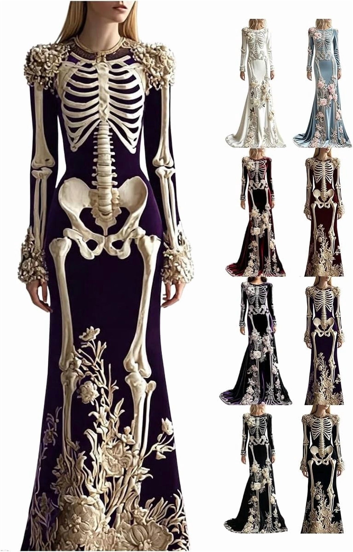 Women Skeleton Dress 3D Print Velvet Floral Long Sleeve Halloween Costumes, Skeleton Costume for Women Cosplay Party