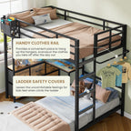 DICTAC Twin XL Over Twin Metal Bunk Bed With L-Shaped Desk, 5 Drawers, 2 Shelves, LED Lights And Charging Station - Black
