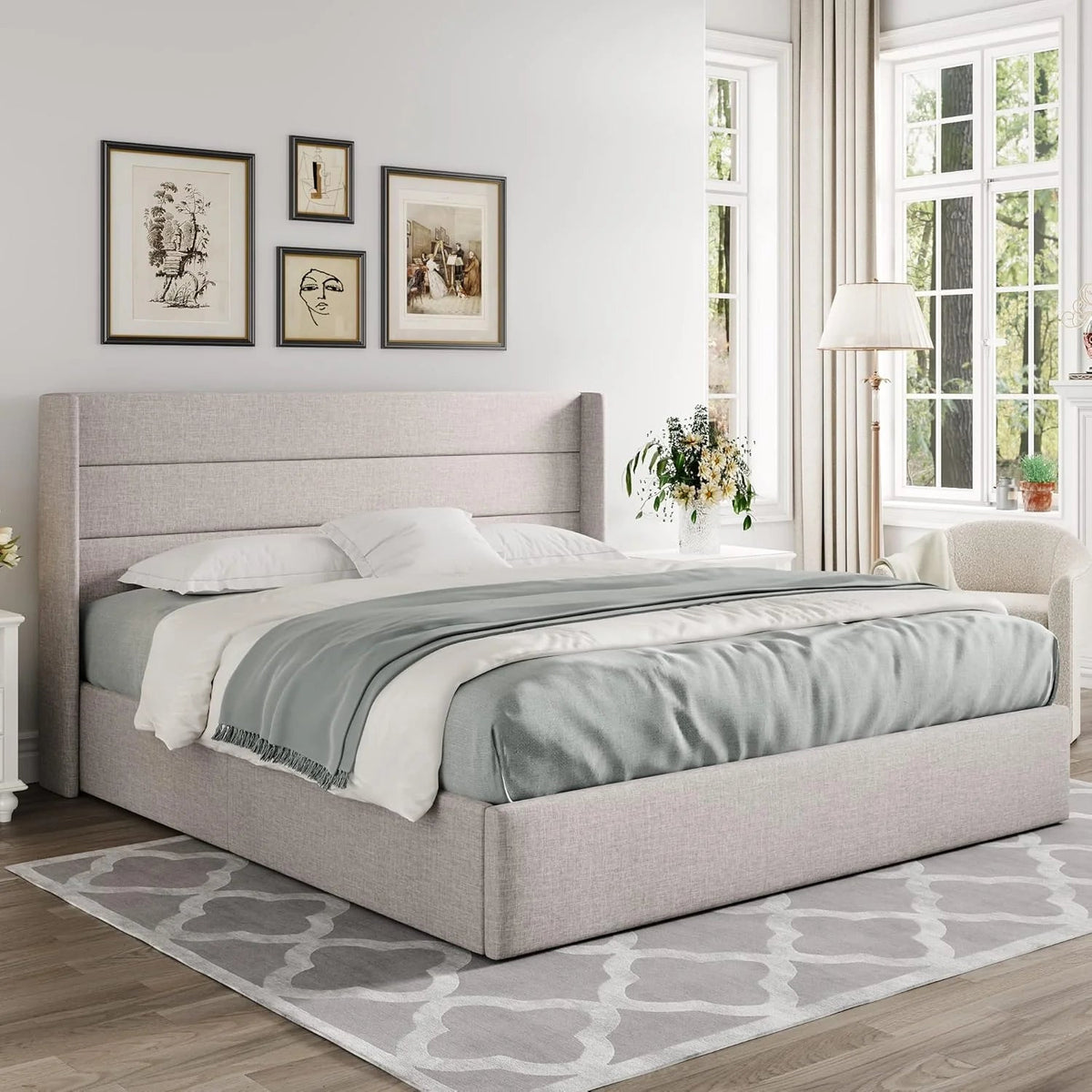 Allewie Queen Lift Up Storage Bed Frame With Wingback Headboard, Light Beige - 80.7 x 60.6 x 44.5 in